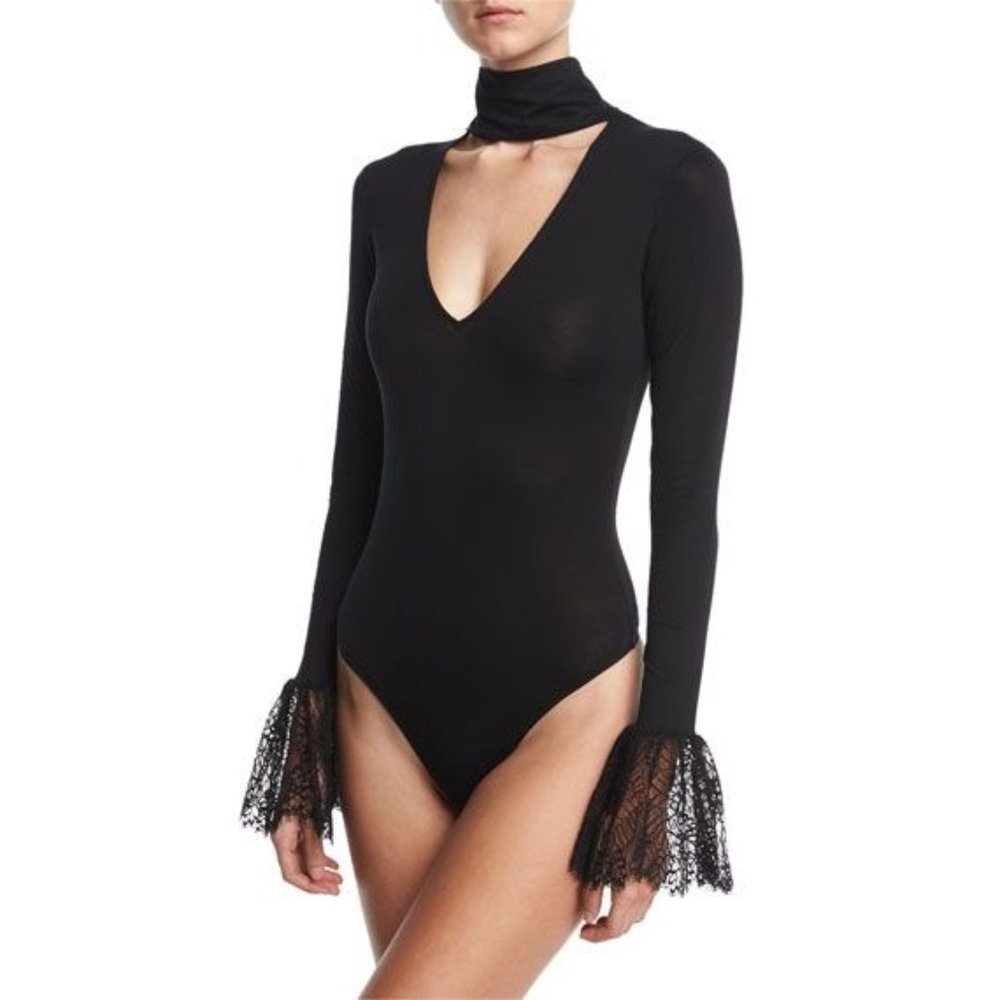 cinq a sept Black Lace-Cuff Long-Sleeve Bodysuit